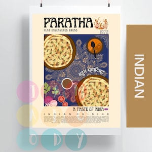 Paratha Poster Retro Style, Indische Küche Wandkunst, Indisches Essen Drucke, Moderne Küchen Deko, Food Design Rangoli Art Prints, Geschenke für Sie