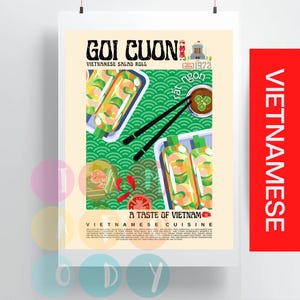 Pôster estilo retrô Goi Cuon, arte de parede de comida vietnamita, pôster de comida vietnamita, ilustrações de comida, decoração de cozinha, arte de comida asiática, presente para amantes da gastronomia