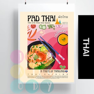Pad Thai Poster Retro Stil, thailändische Küche Wandkunst, thailändische Lebensmittel Drucke, moderne Küchendekoration, asiatische Küche Tom Yam Wandkunst, Poster Geschenk für Sie