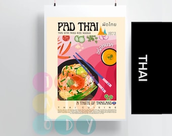 Pad Thai Poster Retro Style, Thai Cuisine Wall Art, Thai Food Prints, Modern Kitchen Decor, Asian Food Tom Yam Wall Art, Poster Gift For Her