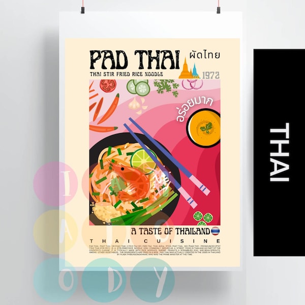 Pad Thai Poster Retro Style, Thai Cuisine Wall Art, Thai Food Prints, Modern Kitchen Decor, Asian Food Tom Yam Wall Art, Poster Gift For Her