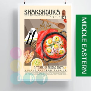 Shakshouka Poster Vintage Style, Middle Eastern Food Wall Art, Middle East Cuisine Print, Modern Kitchen Decor, Retro Kitchen Poster For Her
