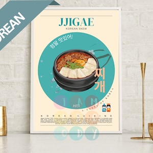 Jjigae Poster Retro Stil, koreanisches Essen Vintage Wandkunst, koreanische Küche, moderne Küche Dekor, Retro Küche Wandkunst, Essen Poster Druck