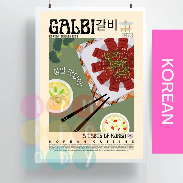 Galbi Poster Retro Style, Korean Food Vintage Wall Art, Korean Cuisine, Modern Kitchen Decor, Retro Kitchen Wall Art, Food Poster Print
