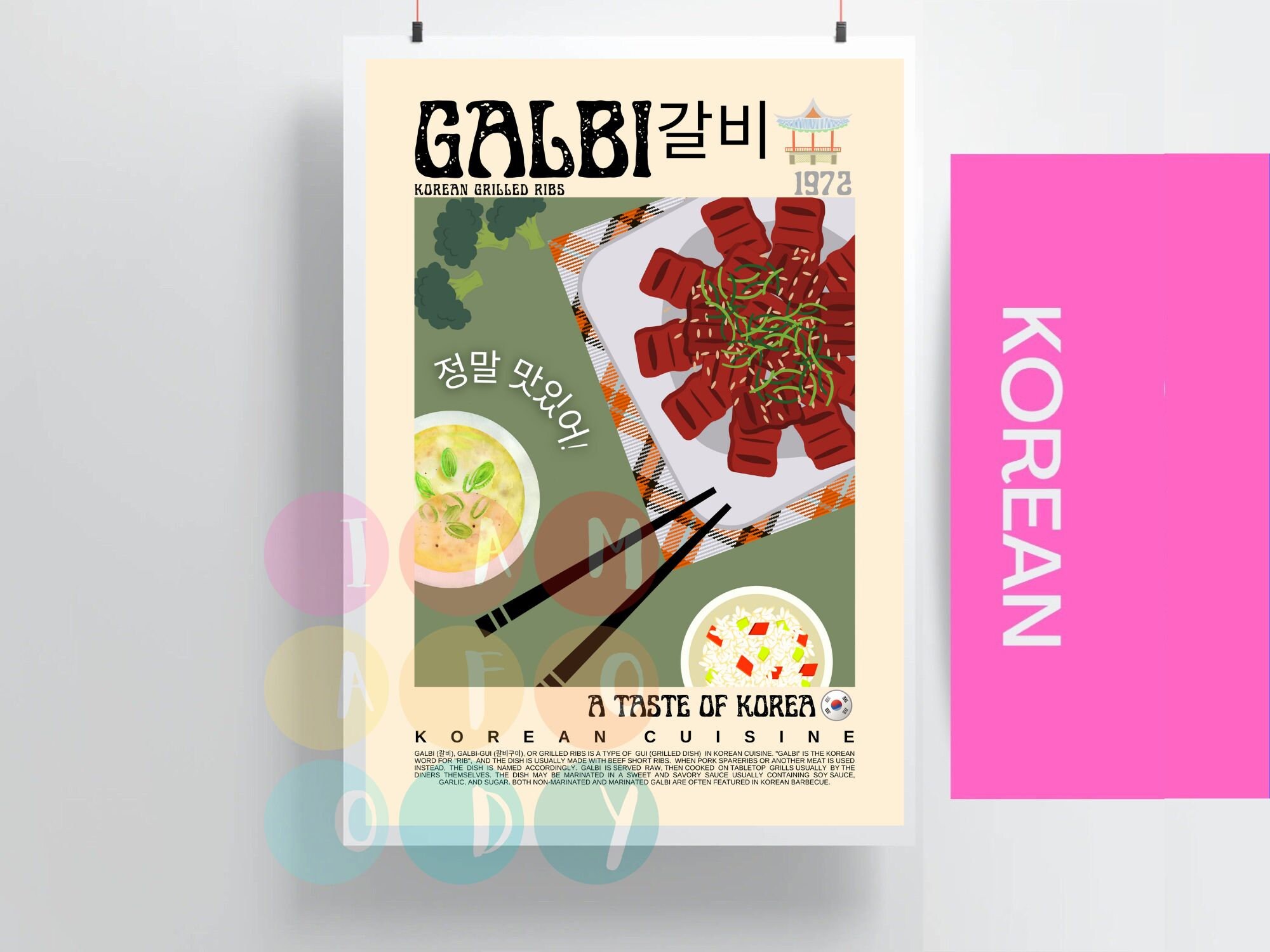 Galbi Poster Retro Style, Korean Food Vintage Wall Art, Korean Cuisine, Modern Kitchen Decor, Retro Kitchen Wall Art, Food Poster Print
