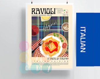 Może przedstawiać: Plakat w stylu vintage reklamujące włoskie ravioli. Plakat przedstawia talerz ravioli z sosem pomidorowym, kratkowaty obrus i tekst "Ravioli, Włoskie ciasto zawijane, Smak Włoch, Kuchnia włoska".