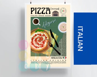 Pizza Poster Vintage Style, Retro Food Print, Italy Cuisine Wall Art, Modern Kitchen Decor, Food Art, Mid Century Modern, Cute Food Prints