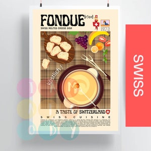 Fondue Poster Vintage Style, Swiss Food Wall Art,  Switzerland Food Print, Retro Kitchen Decor, Kitchen Poster, Gift For Her, Foodie Gift