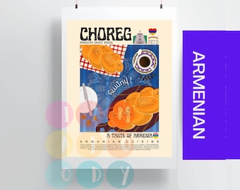 Choreg Poster Vintage Style, Armenian Food Illustration , Armenian Cuisine Print, Modern Kitchen Decor, Retro Kitchen Poster, Gift For Her
