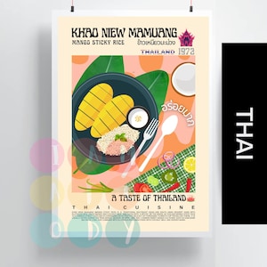 Khao Niew Mamuang Poster Retro Style, Thailand Cuisine Wall Art, Vintage Thai Food Prints, Modern Kitchen Decor, Asian Mango Food Wall Art