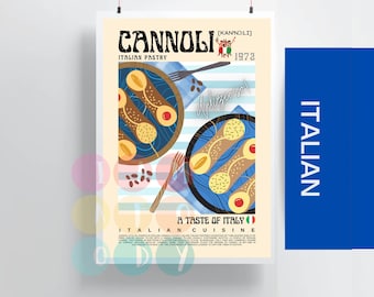 Może przedstawiać: Plakat w stylu vintage reklamujący włoskie ciastko cannoli. Plakat przedstawia niebiesko-białe paski w tle, talerz z cannoli i widelec. Tekst na plakacie brzmi: "CANNOLI [KANND:LI] ITALIAN PASTRY 1972" i "A TASTE OF ITALY ITALIAN CUISINE".