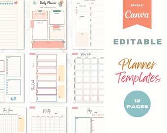 Bewerkbare afdrukbare planner sjabloon Canva, Canva sjabloon Kit, dagelijkse wekelijkse maandelijkse digitale planner, planner afdrukbare pagina's bundel