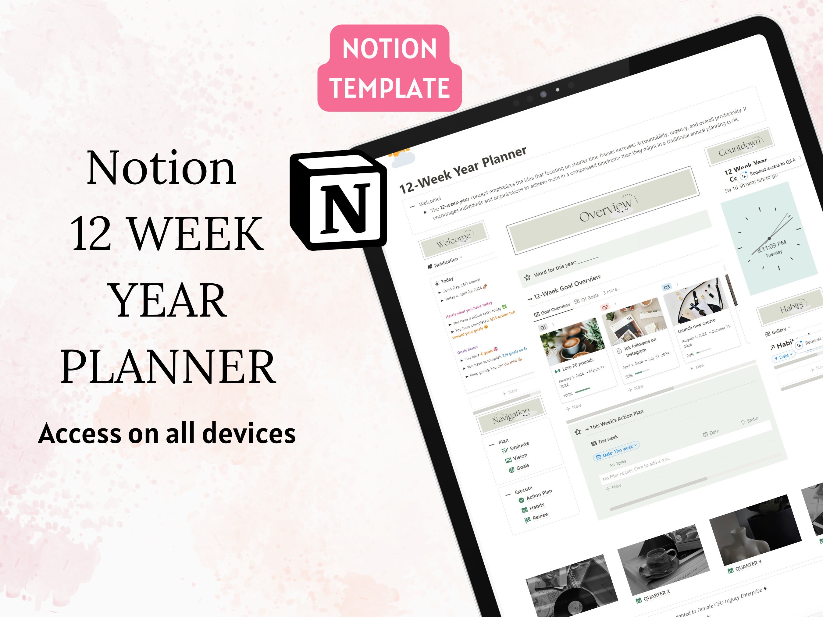 Notion Template 12 Week Year Planner, Notion Dashboard Goal Planner ...