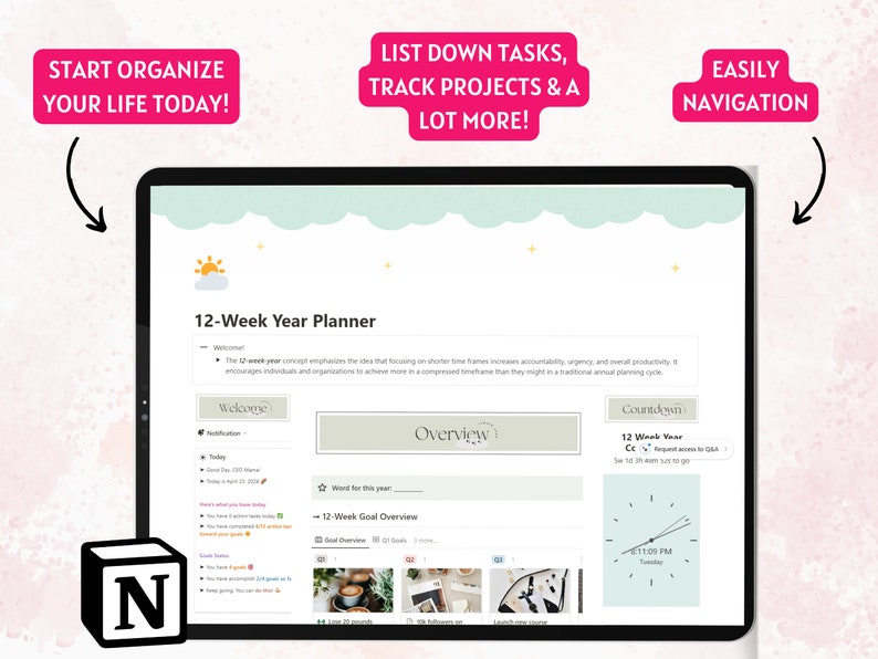Notion Template 12 Week Year Planner, Notion Dashboard Goal Planner ...