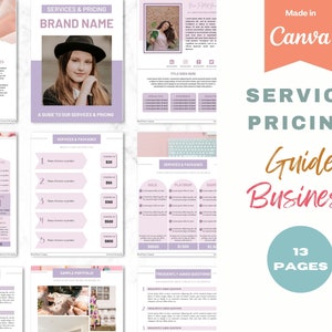 サービスと価格ガイド Canva テンプレート、価格テンプレート、クライアント ウェルカム パケット、バーチャル アシスタント サービス ガイド、ポートフォリオ テンプレート