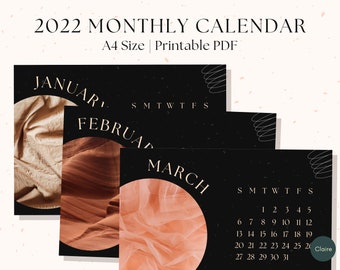 2022 Monthly Calendar Digital Printable | Modern Black Elegant Dark Aesthetics | Instant Download | Sunday & Monday Start | A4 Landscape