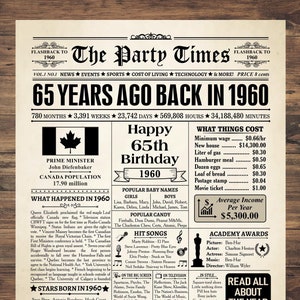 1960 CANADA, cadeau 65e anniversaire canadien, décoration 65e anniversaire, né en 1960, affiche d'anniversaire 1960, il y a 65 ans 1960, retour en 1960 CANADA