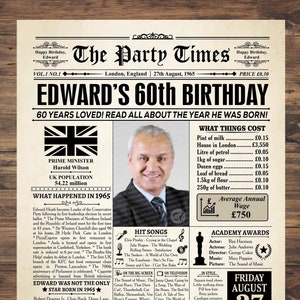 1965 年イギリス、60 歳の誕生日プレゼント、1965 年の新聞、1965 年のイギリス、1965 年のイギリスの新聞ポスター、1965 年当時のイギリスの事実、1965 年にイギリスで生まれた