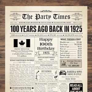 Journal des 100 ans du Canada, 100e anniversaire, retour en 1925, cadeau 100e anniversaire, 100 ans, né en 1925, cadeau 100e anniversaire, 1925 CANADA