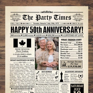 Regalos para el 50.° aniversario de bodas, regalo de aniversario de periódico de Canadá, decoraciones para el 50.° aniversario, ideas para el 50.° aniversario de bodas, 1975, Canadá