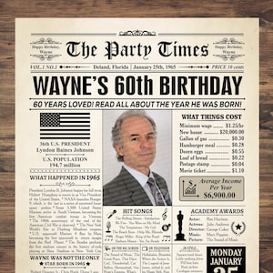 Presente de aniversário de 60 anos, decoração de aniversário de 60 anos, em 1965, pôster de 1965, pôster de aniversário de 60 anos, nascido em 1965, jornal de 1965, 60 anos atrás