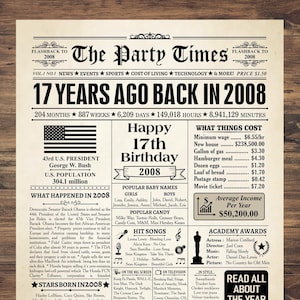 17e anniversaire, cadeau pour fille de 17 ans, journal du 17e anniversaire, retour en 2008, fête de 17e anniversaire, il y a 17 ans, 2008 États-Unis, cadeau pour 17 ans