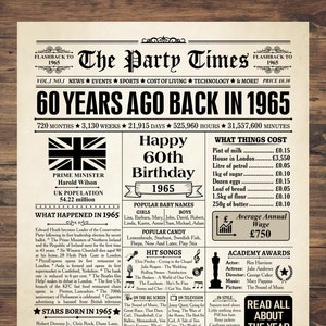 1965 Reino Unido, presente de 60º aniversário, jornal de 1965, britânico de 1965, pôster de jornal do Reino Unido de 1965, fatos britânicos de volta em 1965, nascido em 1965 Reino Unido