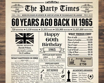 1965 Reino Unido, presente de 60º aniversário, jornal de 1965, britânico de 1965, pôster de jornal do Reino Unido de 1965, fatos britânicos de volta em 1965, nascido em 1965 Reino Unido