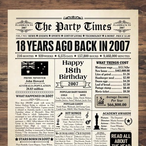 Regalo de cumpleaños número 18, 2007 Australia, en 2007, nacido en 2007, póster de cumpleaños número 18, póster de cumpleaños de 2007 DESCARGA INSTANTÁNEA, hace 18 años
