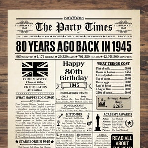 Reino Unido, 1945, regalo de 80 cumpleaños para mujeres u hombres, póster de periódico de 1945, letrero de 1945, datos BRITÁNICOS, datos sobre los nacidos en 1945 en el Reino Unido