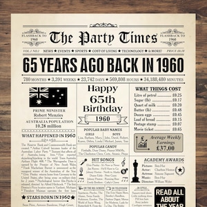 AUSTRALIA 1960, impresión australiana de 1960, impresión de periódico australiana del 65.° cumpleaños, póster de cumpleaños de 1960 DESCARGA INSTANTÁNEA, hace 65 años