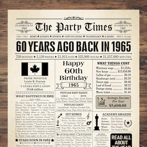 1965 CANADA, cadeau du 60e anniversaire, journal du 60e anniversaire canadien, affiche d'anniversaire de 1965, il y a 60 ans, retour en 1965, décoration du 60e anniversaire