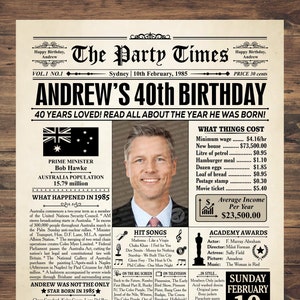 40th birthday gift ideas, AUSTRALIA 1985 newspaper poster, 40th birthday party decoration, 40 years ago, back in 1985 sign, 40th Australia