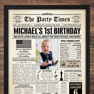 Cadeau 1er anniversaire, idées cadeaux 1er anniversaire, affiche de journal 2024, retour en 2024, décoration de fête de premier anniversaire, cadeau d'anniversaire de bébé, 2024 États-Unis