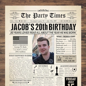 Cadeau 20e anniversaire, carte d'anniversaire 2005, États-Unis 2005, retour en 2005, affiche 20e anniversaire, affiche 2005, journal 20e anniversaire, il y a 20 ans