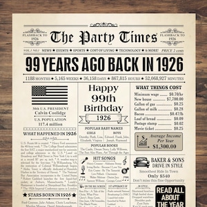Feestdecoratie 99e verjaardag, 99e verjaardagskaart, terug in 1926, poster 99e verjaardag, 99 jaar oud, cadeau 99e verjaardag, krant 99e verjaardag