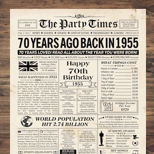 70er Geburtstag Geschenk für Frauen oder Männer, 70er Geburtstag UK, 1955 Zeitung UK, 70er Geburtstag Poster, 70er Geburtstag Zeitung, 1955 UK geboren