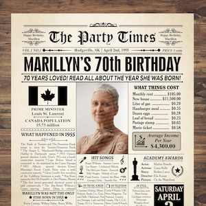Decoraciones para fiestas de 70 cumpleaños, regalo de 70 cumpleaños, 1955 CANADÁ, póster de 1955, tarjeta de 70 cumpleaños, póster de 70 cumpleaños, en 1955 CANADÁ
