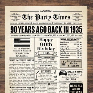 Cartel de 1935, cartel de periódico del 90.° cumpleaños, cartel de cumpleaños de 1935, 90.° cumpleaños, hace 90 años, en 1935, decoración del 90.° cumpleaños, 1935, EE. UU.