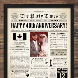 Cadeaux pour le 40e anniversaire de mariage, CANADA Cadeau d'anniversaire dans un journal, décorations pour le 40e anniversaire, idées pour le 40e anniversaire de mariage, 1985 CANADA