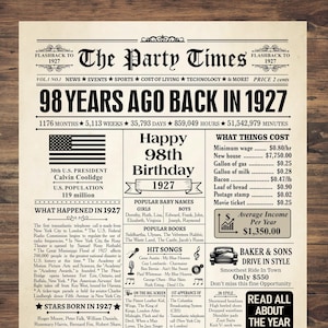 Regalo de cumpleaños número 98, póster de periódico de 1927, letrero de cumpleaños número 98, decoración de cumpleaños número 98, póster de cumpleaños de 1927, impresión de "Regreso a 1927", nacido en 1927