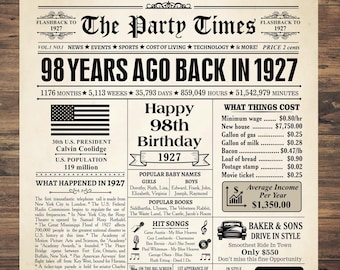 98th Birthday gift, 1927 Newspaper Poster, 98th Birthday Sign, 98th Birthday Decor, 1927 Birthday Poster, Back in 1927 Print, Born in 1927