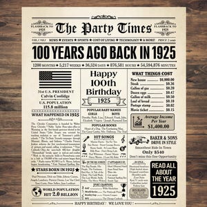 100th birthday, 100th birthday newspaper, 100th birthday decor, 1925 birthday poster, Back in 1925 print, born in 1925, 100th birthday gift
