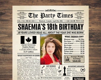 2006 CANADA, 18th birthday gift, 18th birthday newspaper sign Canadian, 2006 birthday poster, 18 years ago back in 2006, 18th birthday decor