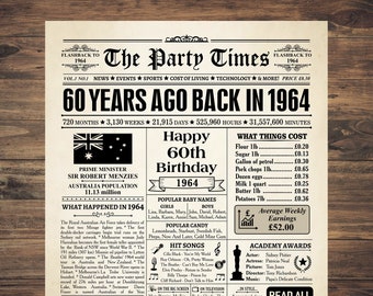 1964 AUSTRALIA, 60th birthday newspaper print Australian, 1964 birthday poster INSTANT DOWNLOAD, 60 years ago, back in 1964 print Aussie