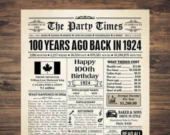 100 years newspaper Canada, 100th birthday, back in 1924, 100th birthday gift, 100 year old, born in 1924, 100th birthday gift, 1924 CANADA