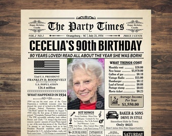 90th birthday gift, 90th birthday, 90th birthday poster, 1934 birthday poster, 90th birthday newspaper, born in 1934, 90 years ago 1934 USA