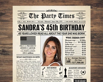 45th Birthday Newspaper Poster, 45th birthday gift for men or women, back in 1979, 45th birthday sign PRINTABLE, 45th birthday party decor