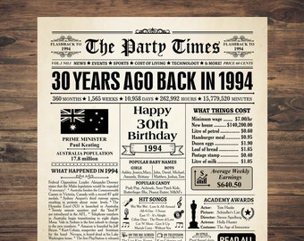 1994 AUSTRALIA, 30th birthday newspaper print Australian, 1994 birthday poster INSTANT DOWNLOAD, 30 years ago back in 1994 print Aussie