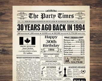 1994 CANADA, back in 1994 canada, 30th birthday newspaper Canadian, 1994 birthday poster , 30 years ago, 30th birthday decor, 1994 birthday